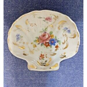 Vintage Aimoges Hand Painted Porcelain Shell Shape Trinket Dish